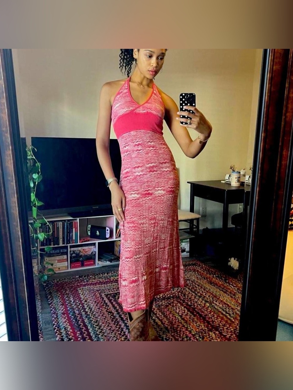 Pink and white silk blend knit halter maxi dress, abstract wavy pattern